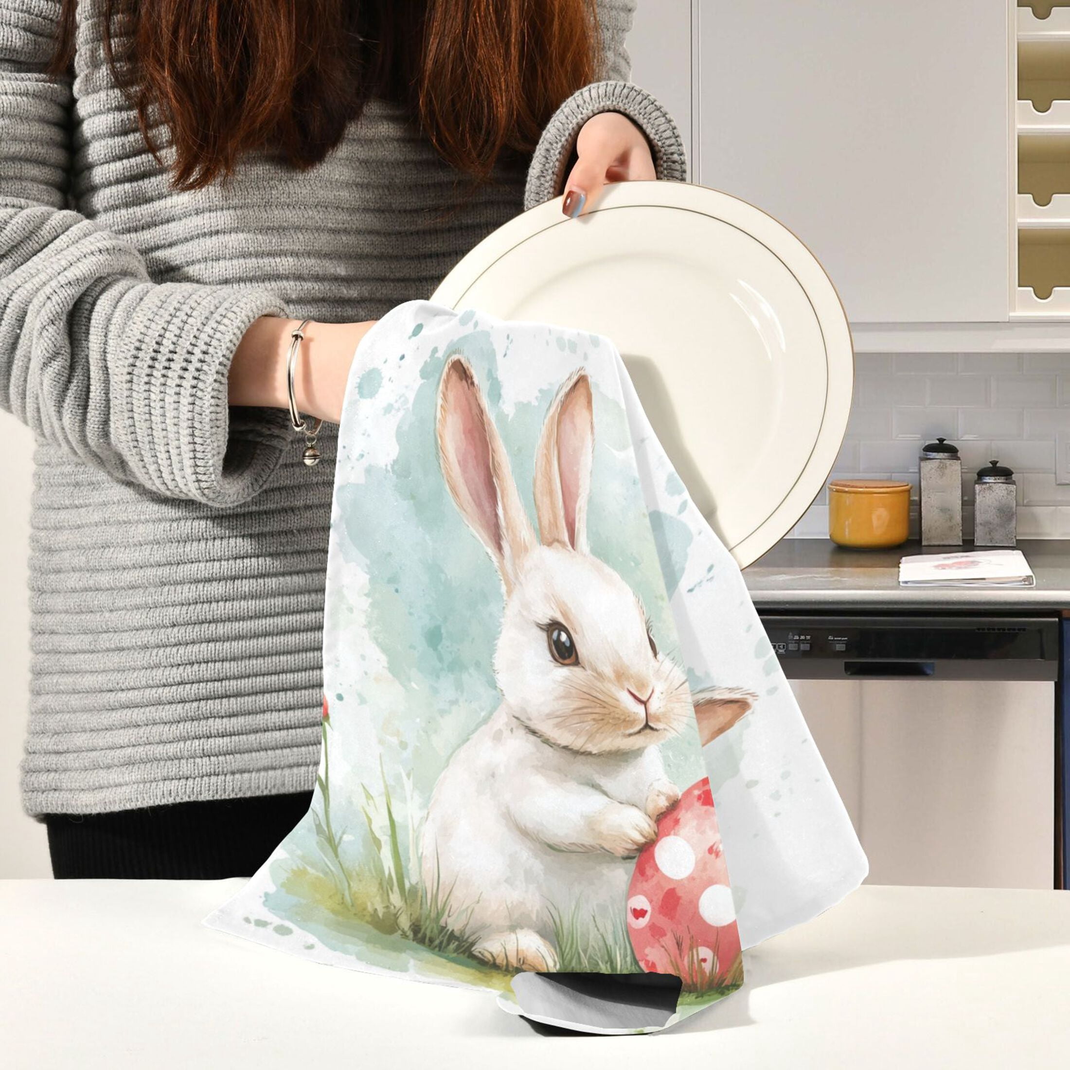 Kitchen Towel 28x18 Inches x6，Plate Towel, Decorative Towel, Napkin, Tea Towel Tea Towels For Kitchen Dish Cloths & Dish Towels Easter White Rabbit