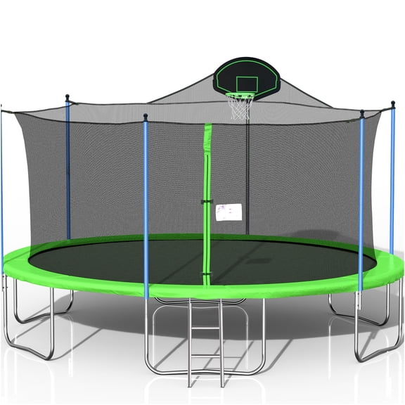 JERFIT 16ft Trampoline with Basketball Hoop & Safety Enclosure Net, Outdoor Jumping Mat for Kids and Adults, Green