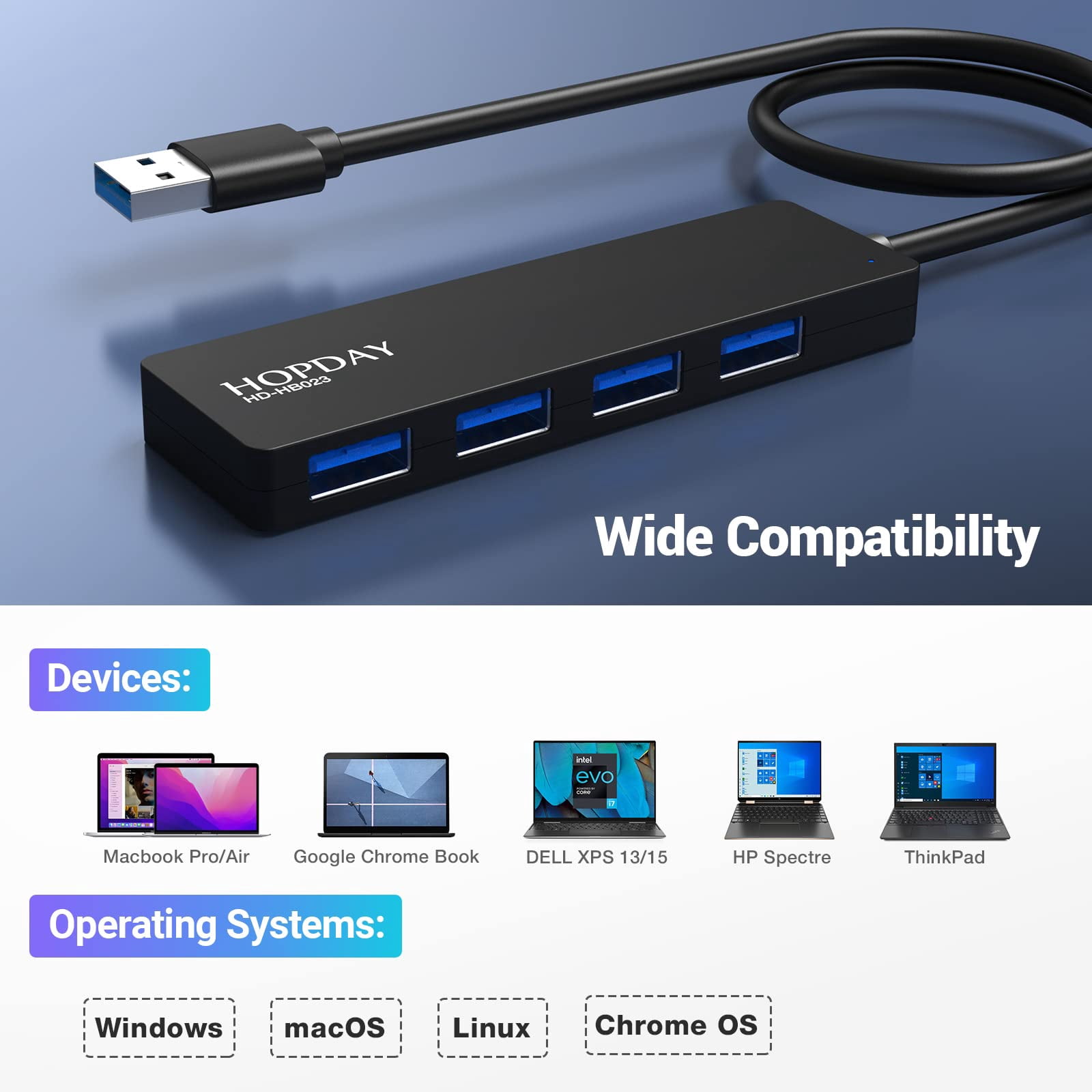 USB Hub, USB Hub 3.0 with 4 Port USB 3.0 Transfer Speed 5 Gbps, Ultra-Slim Data USB Splitter Compatible with Laptop, PC, Mouse, Keyboard, USB, Cable