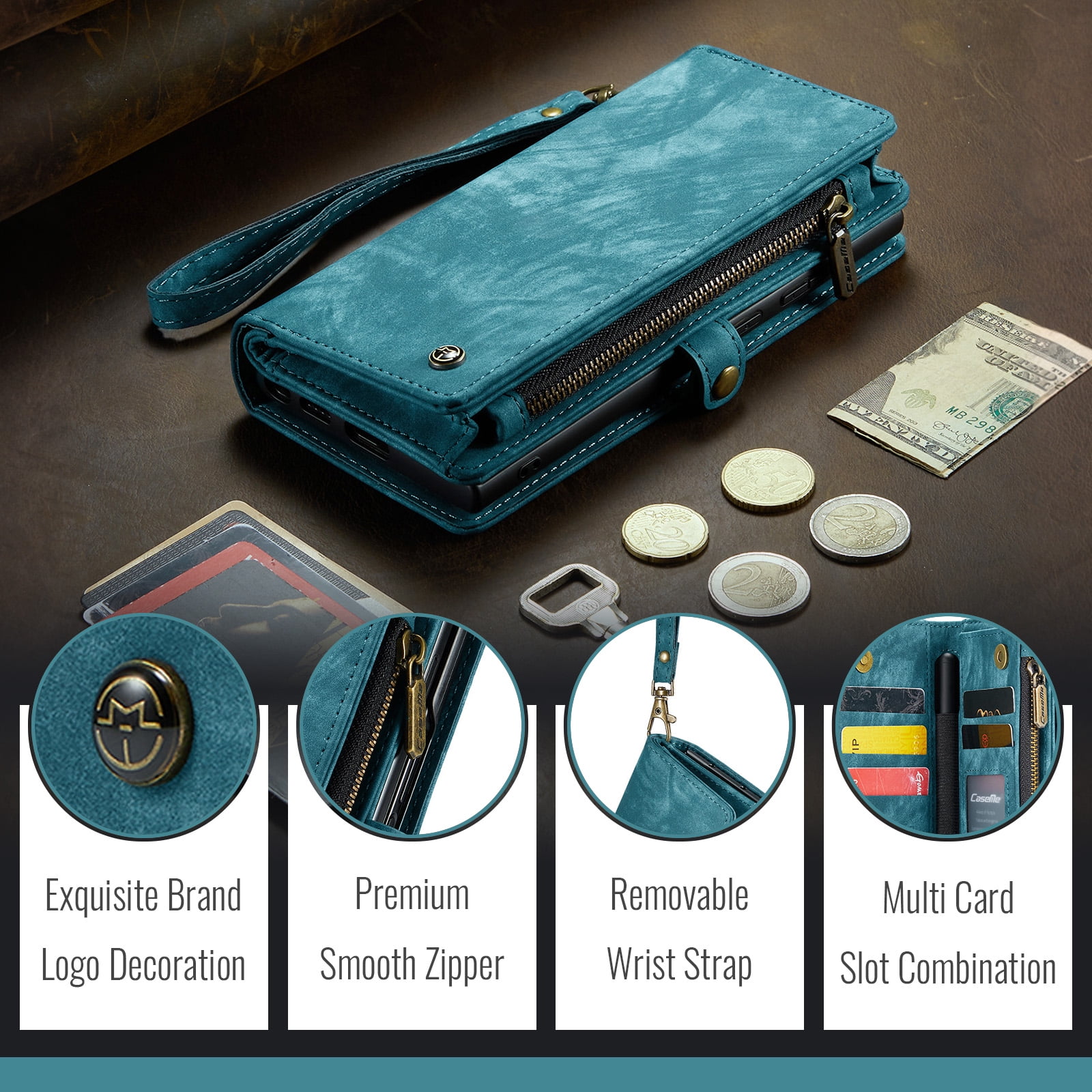 Feishell Durable 2- In-1 Magnetic Detachable Wallet Case for Samsung Galaxy Z Fold 7,for Women Men,Premium PU Leather Zipper Pocket Flip Multi Card Slots Purse Phone Case with Wrist Strap,Green