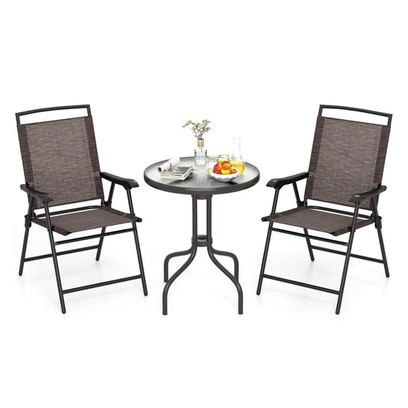 Patio Table and Chairs Set 3 Pieces, Round Outdoor Bistro Set with Tempered Glass, Folding Metal Chairs, Space Saving Furniture for Porch Balcony