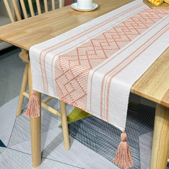 Xiao Hua pieza de mantel de mesa de lino y algodón con borlas hecho a mano, color rosa, para mesa de café, armario, toalla, mesa de té, 350 x 35 cm