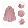 thumbnail image 3 of Camisa de mujer de manga larga con cuello vuelto y botones, blusa informal holgada para mujer para el trabajo, vacaciones diarias, rosa L, 3 of 8