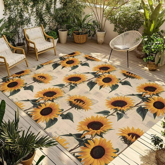 Fsddascl Yellow Sunflower Outdoor Rug for Patio/Deck/Porch, Non-Slip Large Area Rug 4 x 6 Ft, Retro Flowers Botanical Pastoral Farm Indoor Outdoor Rugs Washable Area Rugs, Camping Rug Carpet