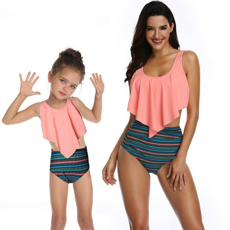 LYMAYTER Mother and Daughter Swimsuits Mommy and Me Family Matching Swimwear Ruffle Bikini Set Women High Waist Bathing Suit