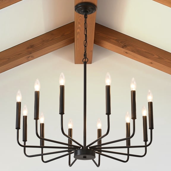 31.5" Black 12-Light Modern Farmhouse Chandelier, Candle Style Pendant with Uneven Arms & Adjustable Height for Dining Room Living Room Foyer Kitchen Island