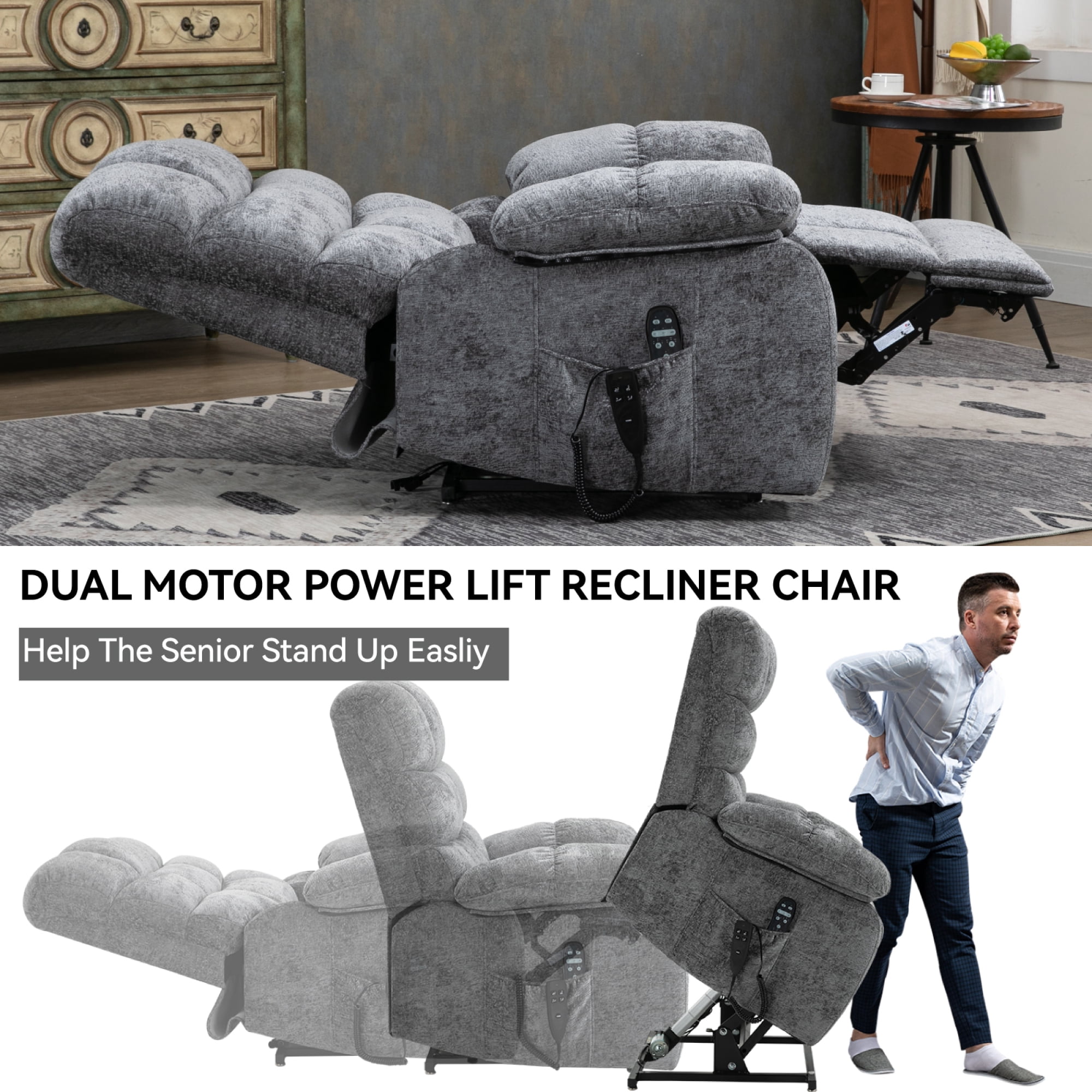 Leumius Large Power Lift Recliner Chair for Elderly,Heavy Duty Chenille Recliners with Massage and Heating for Living Room,Gray