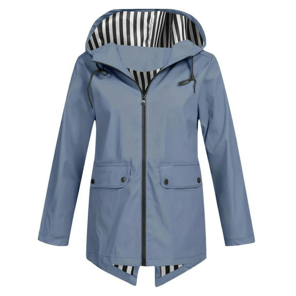 Rain Jacket Women Striped Lined Hooded Lightweight Raincoat Outdoor Waterproof Windbreaker