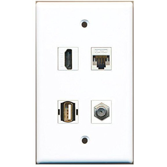 RiteAV - 1 Port HDMI 1 Port Coax Cable TV- F-Type 1 Port USB A-A 1 Port Cat5e Ethernet White Wall Plate