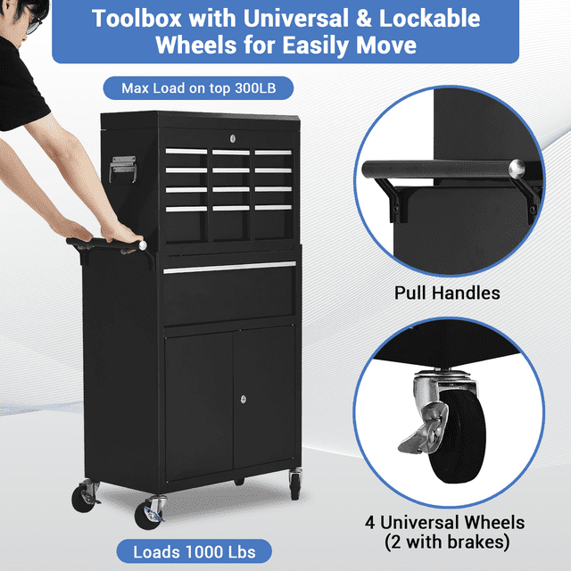 EDTara Heavy-Duty 5-Drawer Rolling Tool Chest, 2-In-1 Detachable Metal Storage Organizer With Secure Locking Drawers, Liners, and Wheels, Perfect for Garage or Workshop Use