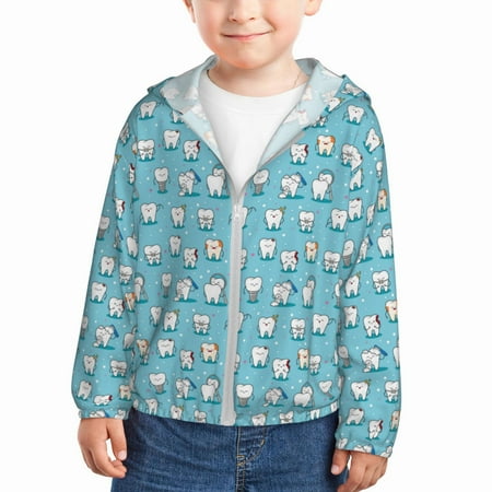 

Ocsxa Cartoon Teeth Print Kids Active Zipper Sun Protection Jacket Boys Girls Hooded Cooling Shirt-5 Years