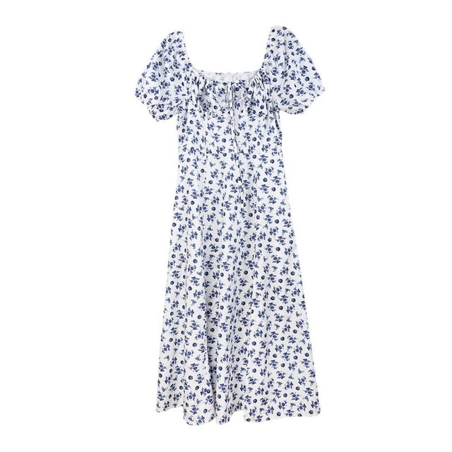 Robe Maxi pour Femmes Robe Bohème Robe Cottagecore Robe Printemps Été Robe Portefeuille Florale Décontractée Vintage Robe à Encolure Carrée