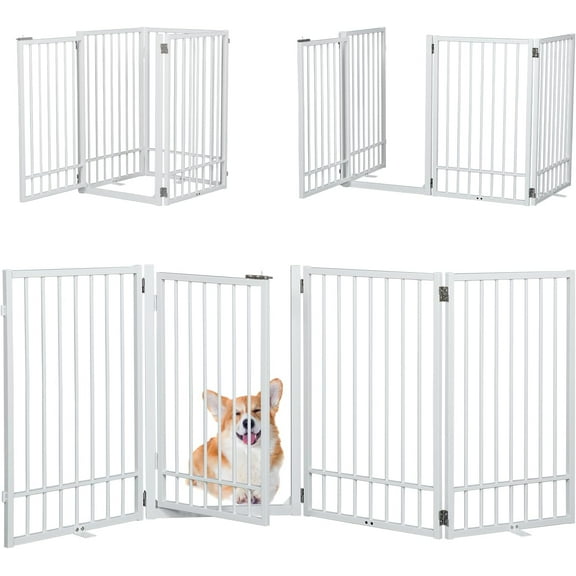 Free Standing Dog Gate with Door Walk Through, 80.5'' Extra Wide Indoor Dog Fence, 31.5'' H 4 Panels Foldable Metal Pet Puppy Gate for Stairs, Hallways, Doorway, White