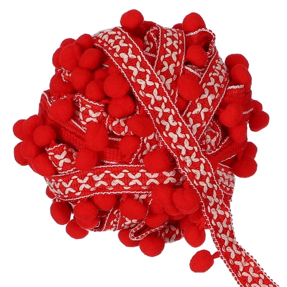 Uxcell 10 Yards Pom Pom Ball Fringe Trim, 12mm Garland Ribbon Sewing Tassel Lace for Clothes Sewing Home Curtain Pillow Decoration, Red
