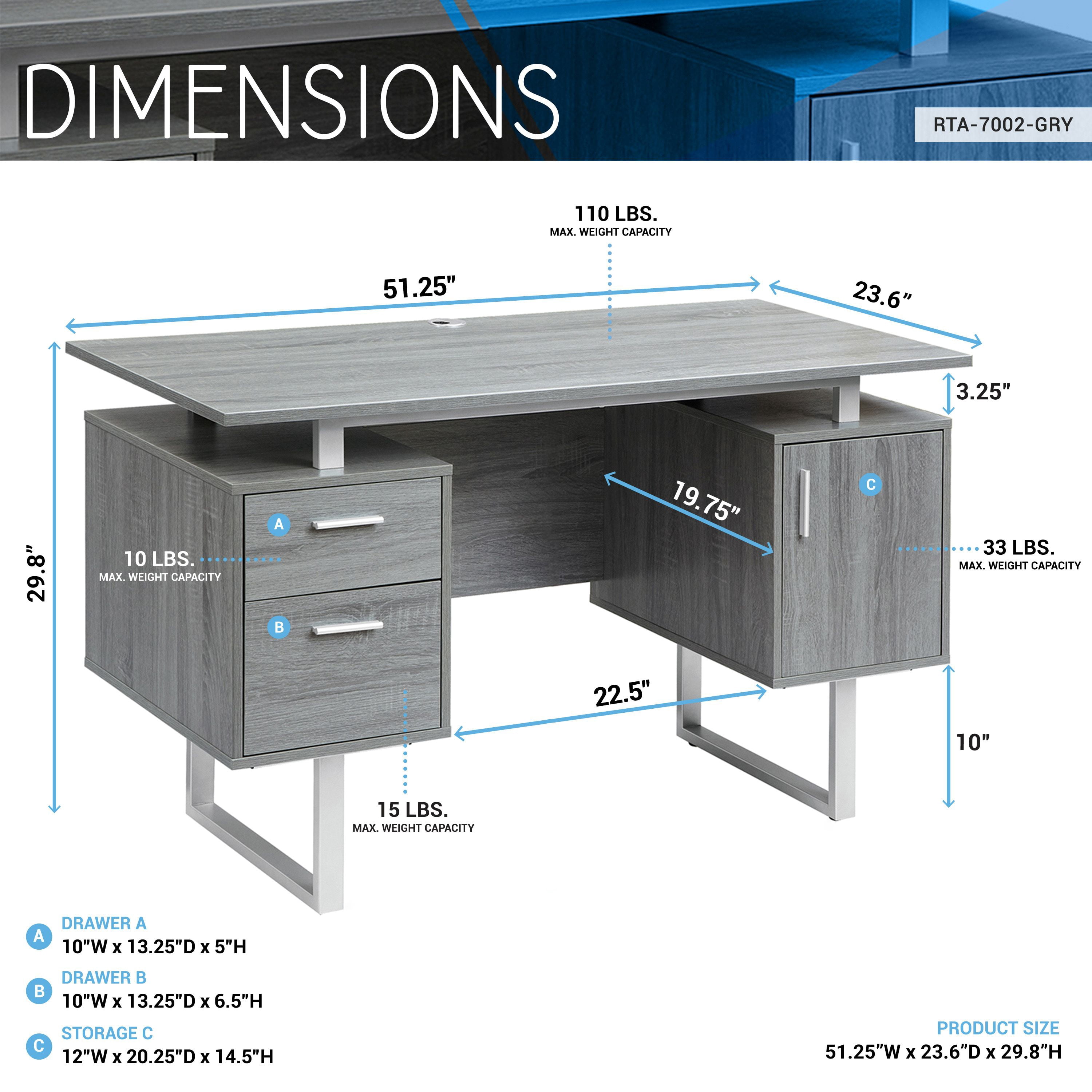 Techni Mobili Modern Adult Office Desk with Drawers and Storage, 51.25" W, Gray/Silver