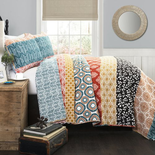 Lush Decor Bohemian Stripe Cotton Reversible Quilt, Full/Queen,  Turquoise/Orange, 3-Piece Set Includes: 1 Quilt & 2 Pillow Shams