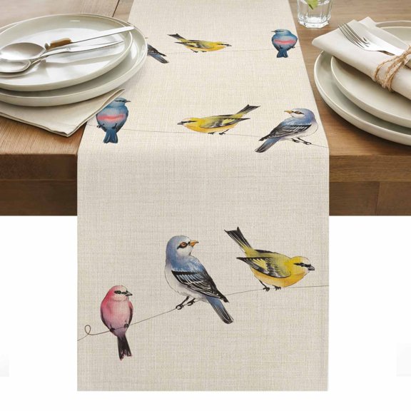 Watercolor Birds Table Runner - 70 Inch Long, Kitchen Dining Table Runner Dresser Scarves, Spring Animal Country Beige Farmhouse Decor for Coffee Tables Wedding Party Banquet