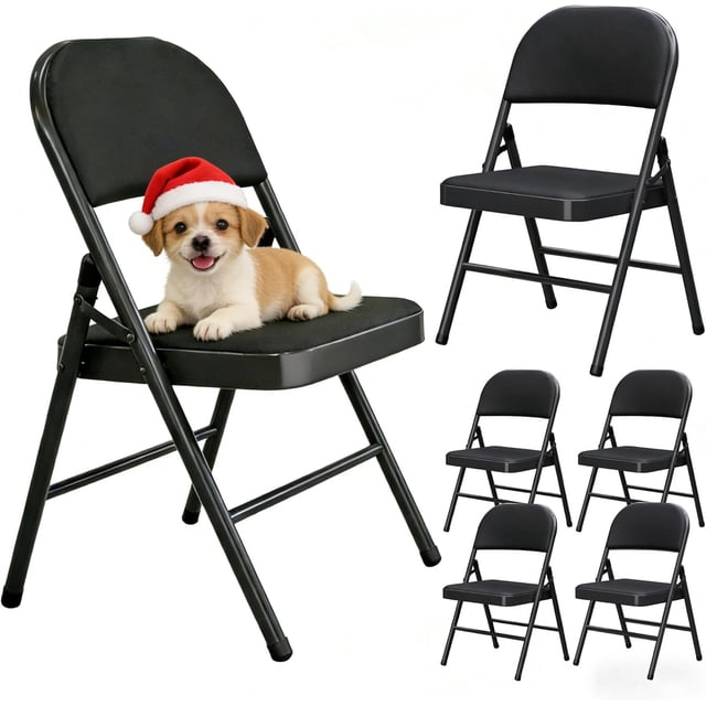 Folding Chairs 6 Pack,Portable Stackable Seat with Steel Frame and Soft PU Cushion(Black)