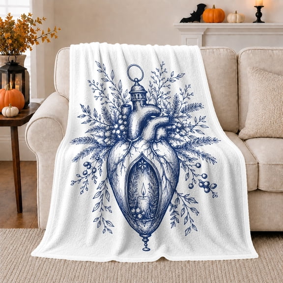 Anatomical Heart Lantern with Botanical Branches, Gothic Blue Line Art Motif for Anatomy Lovers, Birthday Gift, Cozy Flannel Blanket for Study Room and Bedroom, Artistic Home Decor