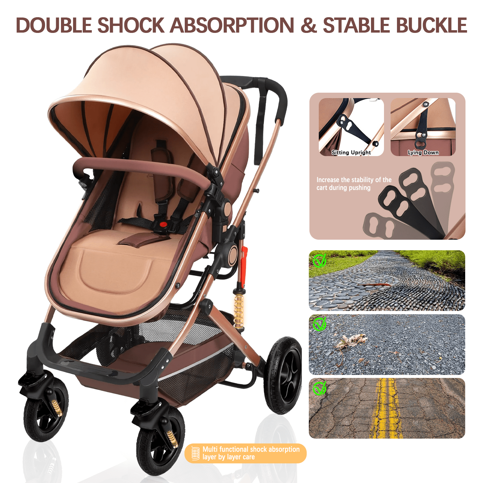 OEIKPFN Baby Stroller, Foldable Baby Stroller Reversible Bassinet, Travel Stroller for Newborn, Khaki