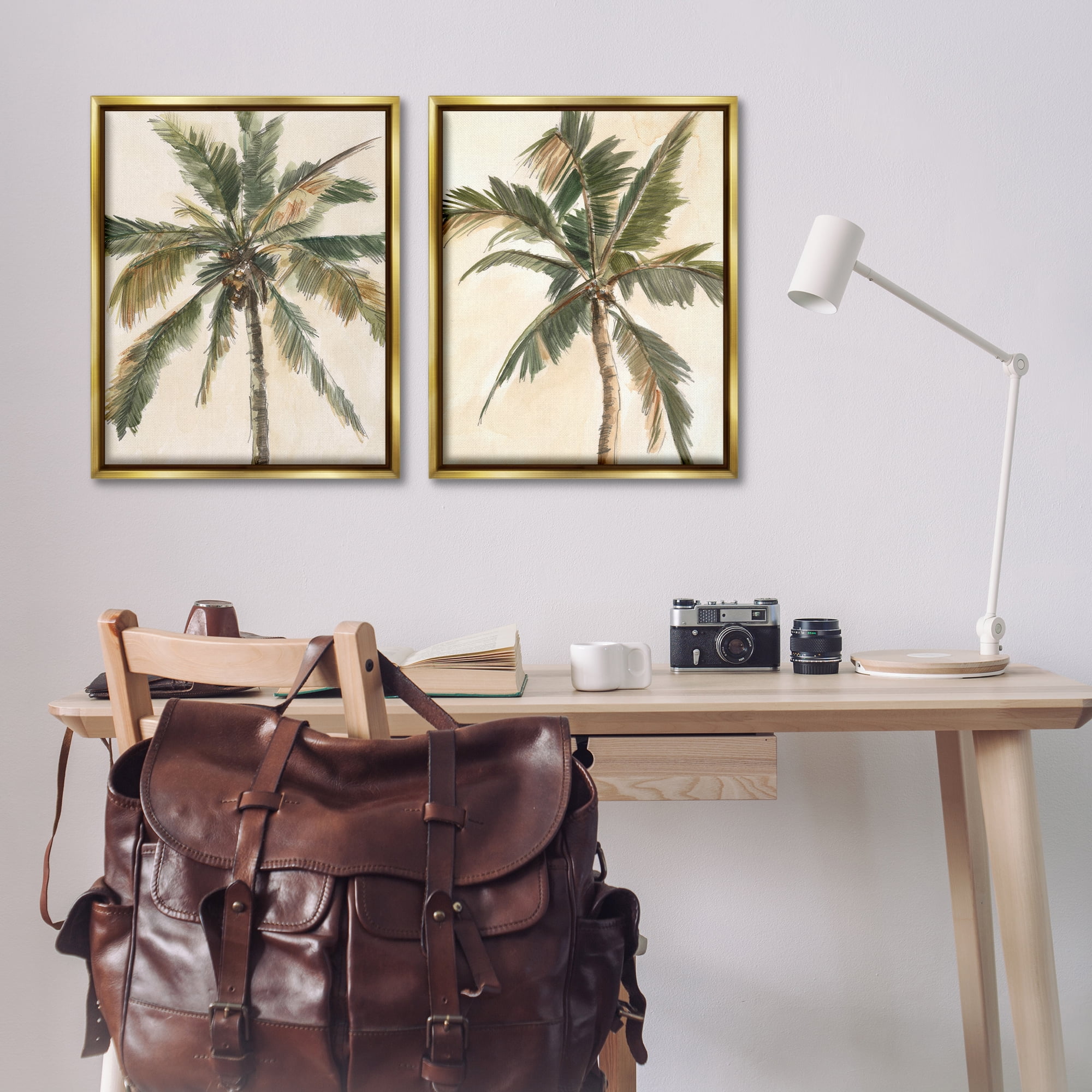 Stupell Industries Majestic Towering Palms Plants & Flowers Painting Gold Floater Framed Canvas Art Print Wall Art, 31 x 25, Set of 2