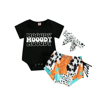 

Qtinghua Newborn Baby Girl Summer Clothes Short Sleeve Bodysuit Top Letter Printed Romper Cow Print Shorts Headband Outfits Black 6-12 Months