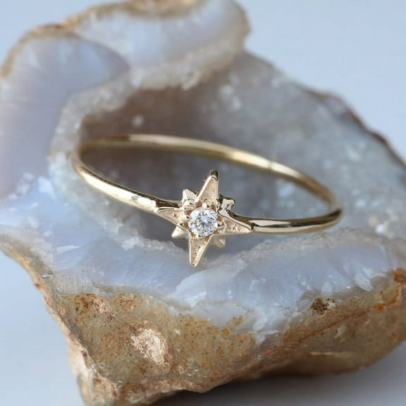 Diamond Star Ring,Solitaire Ring, 925 Sterling Silver Ring, Daiy Wear Ring Jewelry. Handmade Fine Jewelry Gift For Her, April Birthstone Ring Prong Setting.