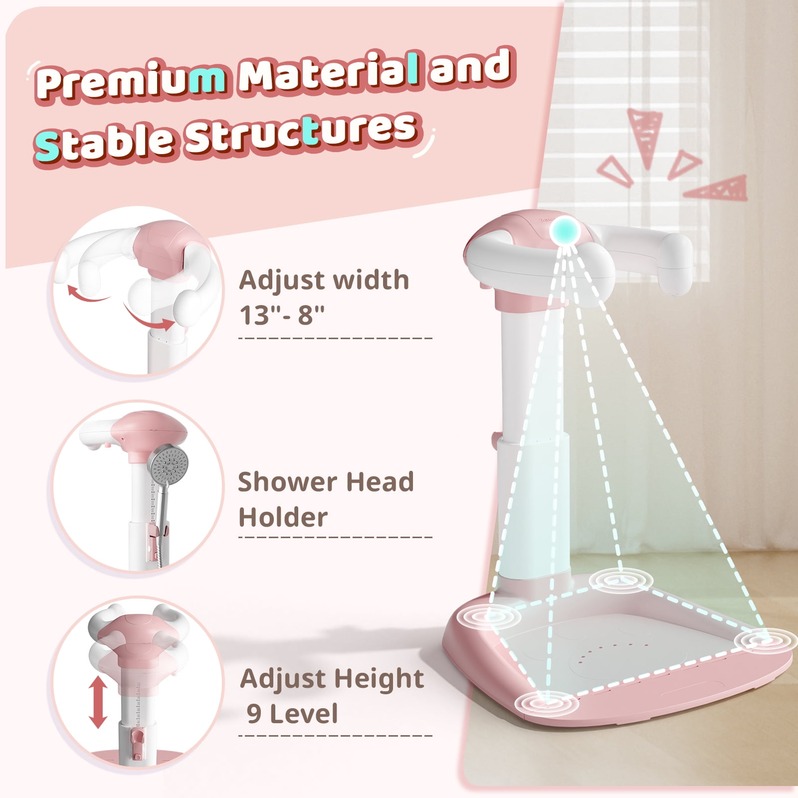 COOSEYA Baby Bath with Shower Stand Support, Anti-Pinch Soporte para Bañera de Bebé Adjustable Shower Tower and Anti-Slip for Toddler Standing Up Themselves(Pink)