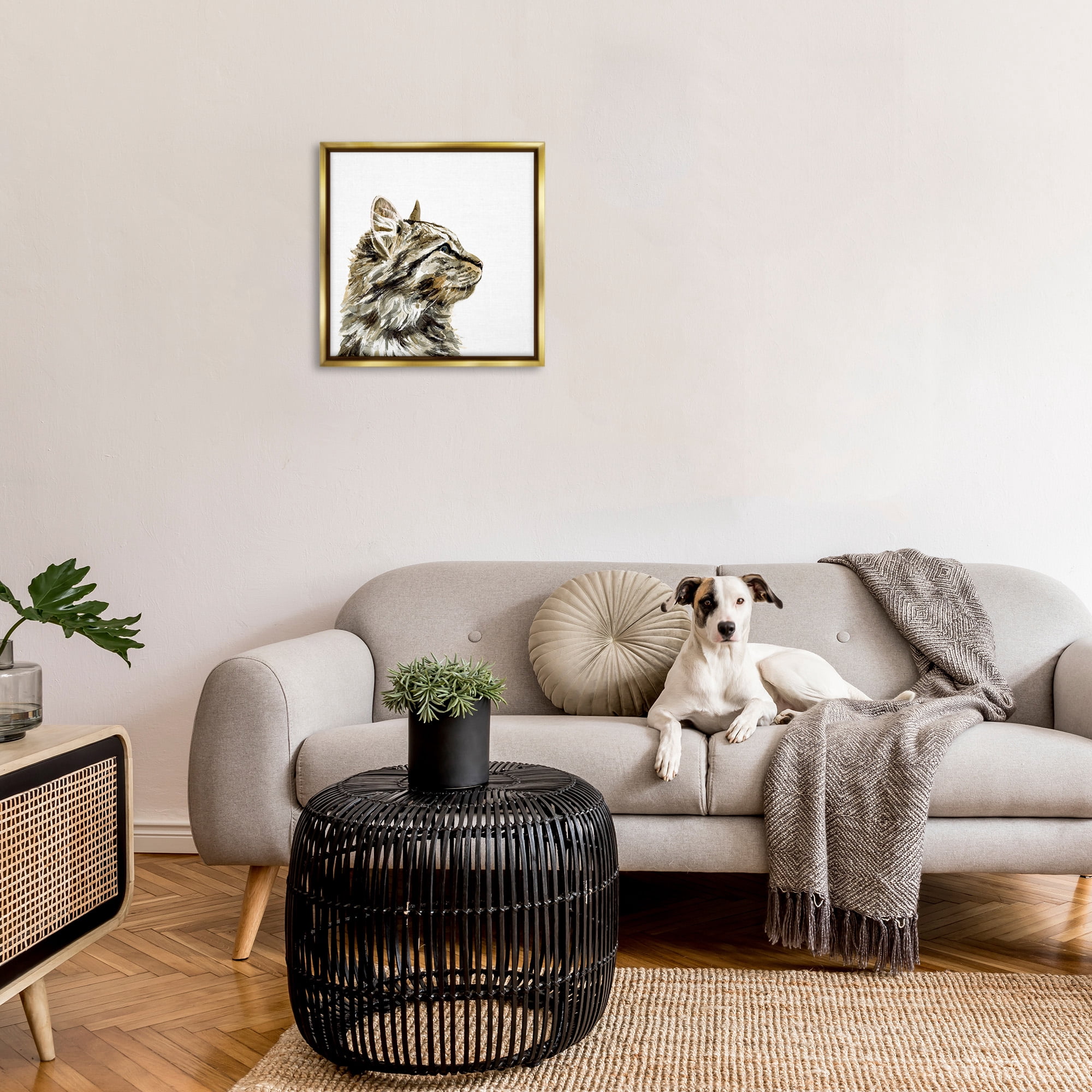 Stupell Industries Simple Tabby Cat Gaze Animals & Insects Painting Gold Floater Framed Canvas Art Print Wall Art, 25 x 25
