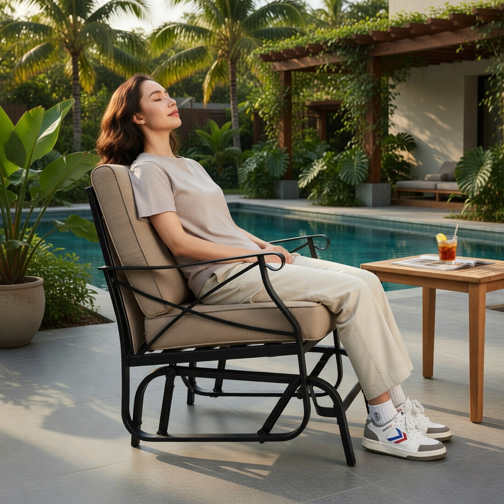 Hommoo Patio Glider Rocking Chair with Black Metal Frame, Thick Breathable Cushions & Smooth Quiet Glide, Outdoor Porch, Deck or Backyard Seating, Beige