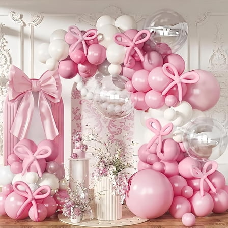 YanJici Pink Bow Balloon Arch Kit, 118pcs Coquette Balloons Garland, Pink Ribbon Bow for Birthday Wedding Party Decorations