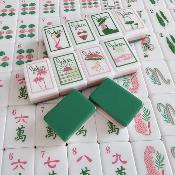 Green Palm Botanical Theme Mahjong Tile, 160 Tiles 3 Layer | Pink and Green Engraved Acrylic American Mahjong Set for Home and Game Nights