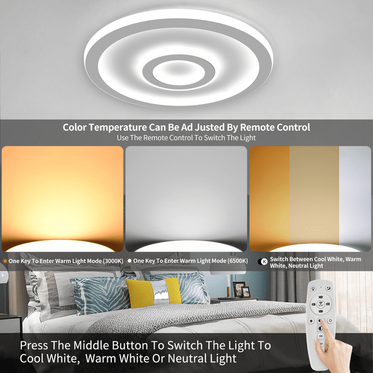 LED Flush Mount Ceiling Light Fixture with Remote Control 60W Round Close to Ceiling for Bedroom Kitchen Dining Room 3000K-6500K 3 Light Color Changeable - Walmart.com