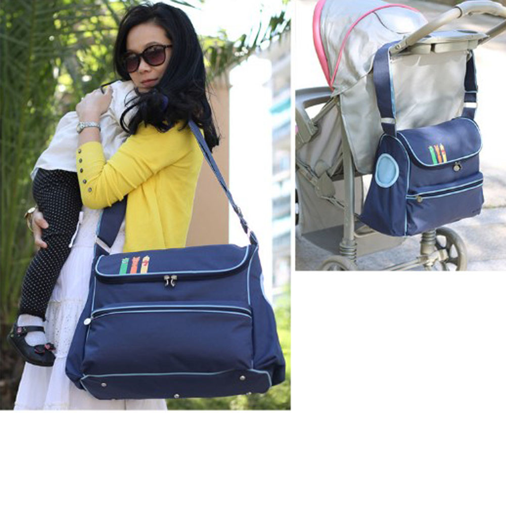 BIMZUC Large Capacity Baby Stroller Organizer Hanging Storage Bag with Insulated Cup Holder, Waterproof Diaper Bag Stroller Accessory, Navy Blue (16.5 inches / 42 cm)