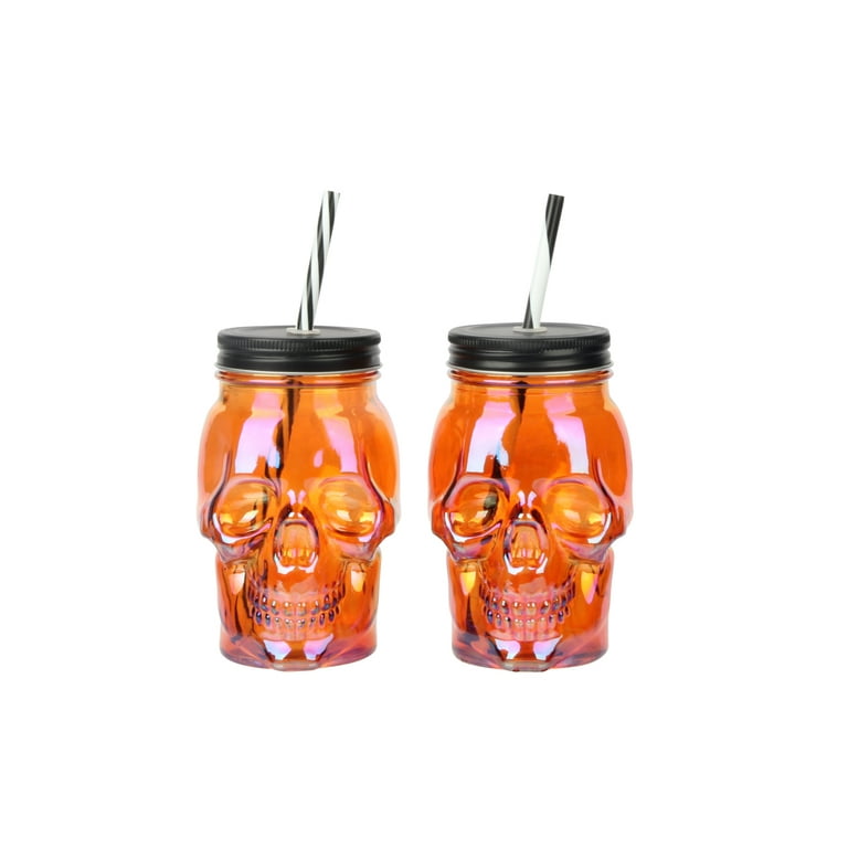 Way To Celebrate Glass Skull Sipper with Lid and Straw for Halloween Party,  18 oz 
