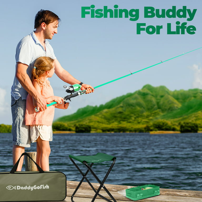DaddyGoFish Kids Fishing Pole Telescopic Rod & Reel Combo with Collapsible Chair, Rod Holder, Tackle Box, Bait Net and Carry Bag for Boys and Girls