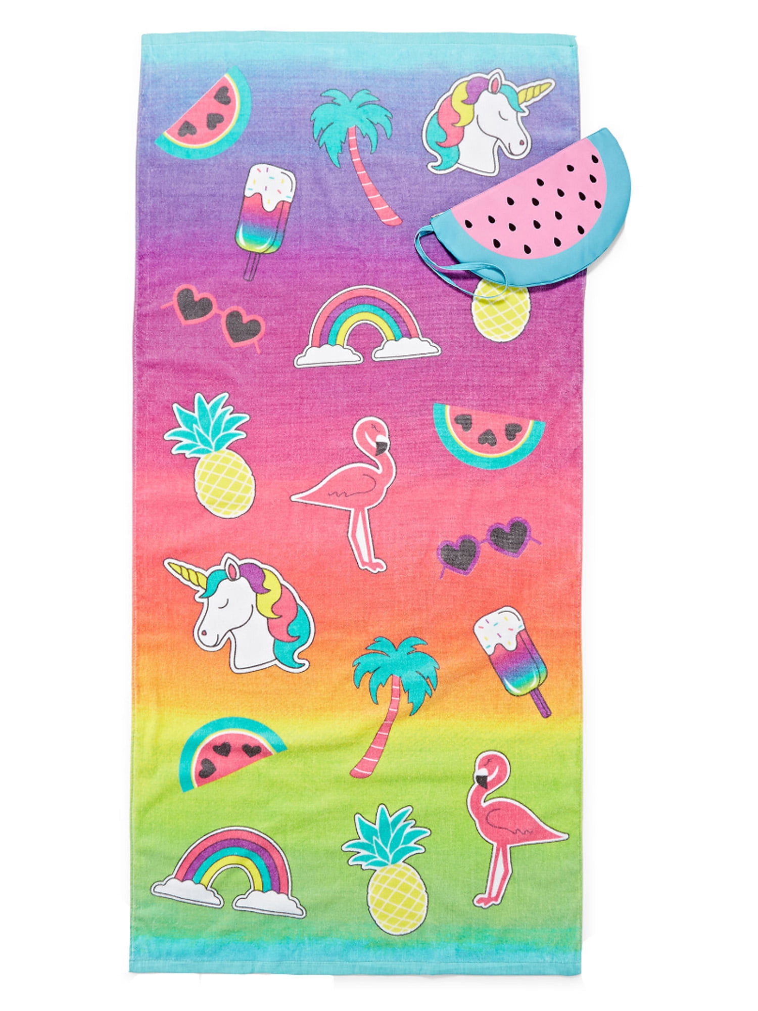Flamingos, Rainbows and Watermelons Girls Beach Towel w/wet bag