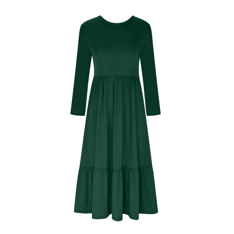Long Sleeve Dress for Women Womens Autumn And Winter Solid Color Long  Sleeve Round-neck Smocked Boho Dress A-Line Ruffle Frill Tiered Swing Midi  Dress Polka Dot Golf skirt Long Dress