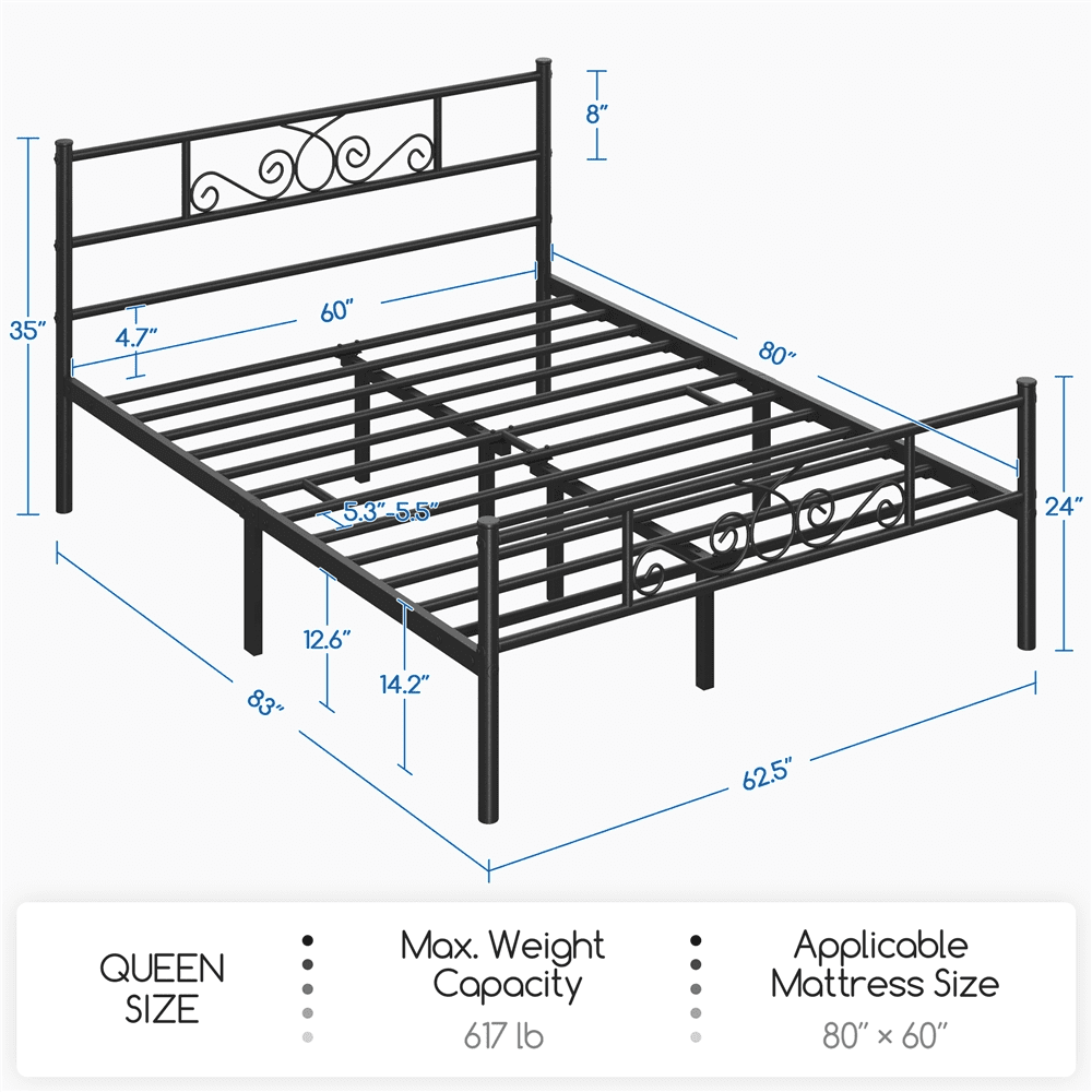 Fullfurnique Metal Platform Bed Frame with Scroll Headboard and Footboard, Queen, Black