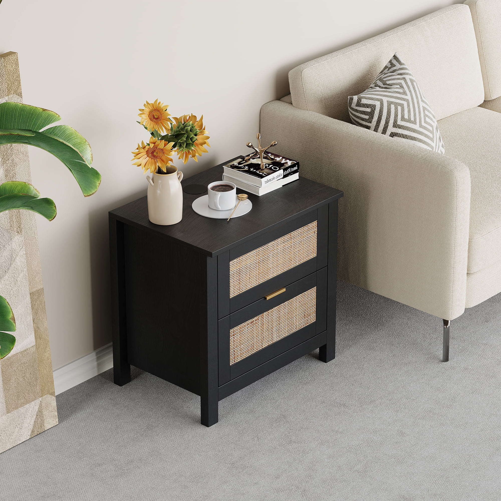 AODAILIHB Accent Bed Side Table, Rattan Night Stands Decor Drawer set of 2, Natural Wood Side Table with Wireless Charging Station, Black