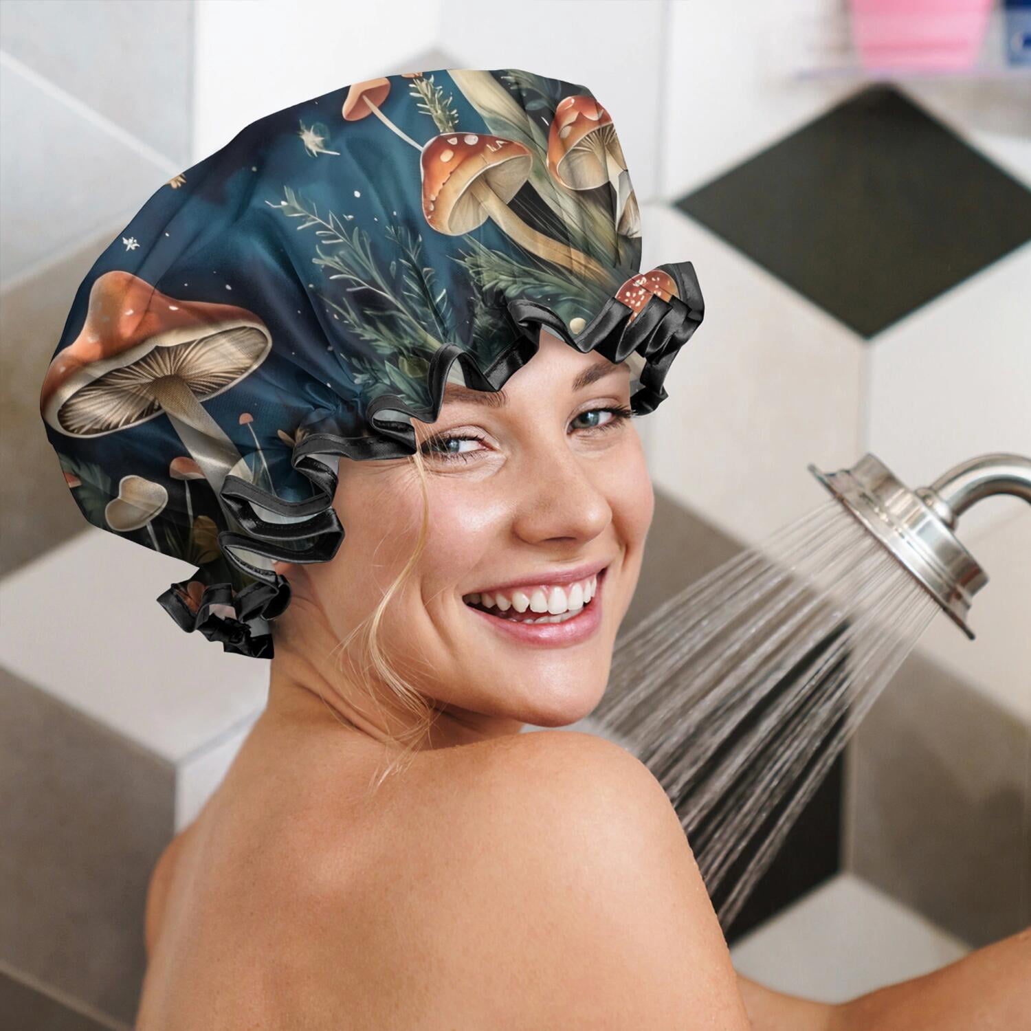 Shower Caps,Colorful Mushroom Eye Black Pattern Waterproof Shower Cap for Women 4 Pieces,Double Reusable Hair Cover for Shower PEVA Elastic Stretch Hem