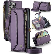 ShieldPlus for iPhone 15 Pro Max Case, RFID Blocking iPhone 15 Pro Max Wallet Case Crossbody for Women Men,Luxury PU Leather Magnetic Flip Zipper Strap Phone Case for iPhone 15 Pro Max,Purple