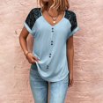 thumbnail image 2 of Camiseta casual de manga corta con empalme de encaje y botones en la parte superior con cuello en V para mujer para uso en verano Azul S, 2 of 5