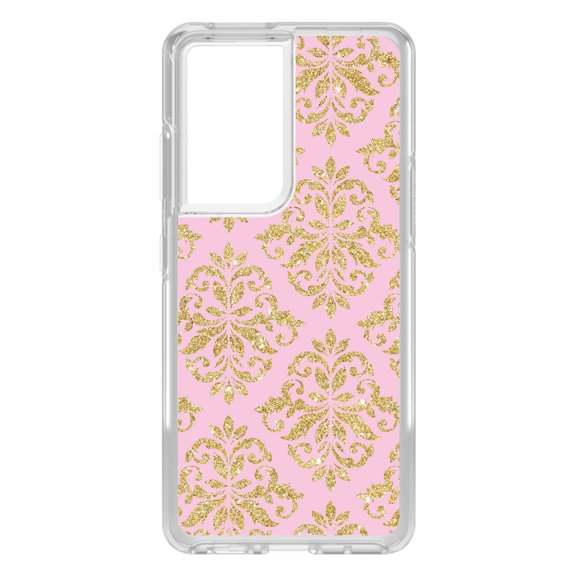 DistinctInk Clear Shockproof Hybrid Case for Galaxy S21 ULTRA 5G (6.8" Screen) - TPU Bumper, Acrylic Back, Tempered Glass Screen Protector - Pink & Gold Print - Damask Pattern