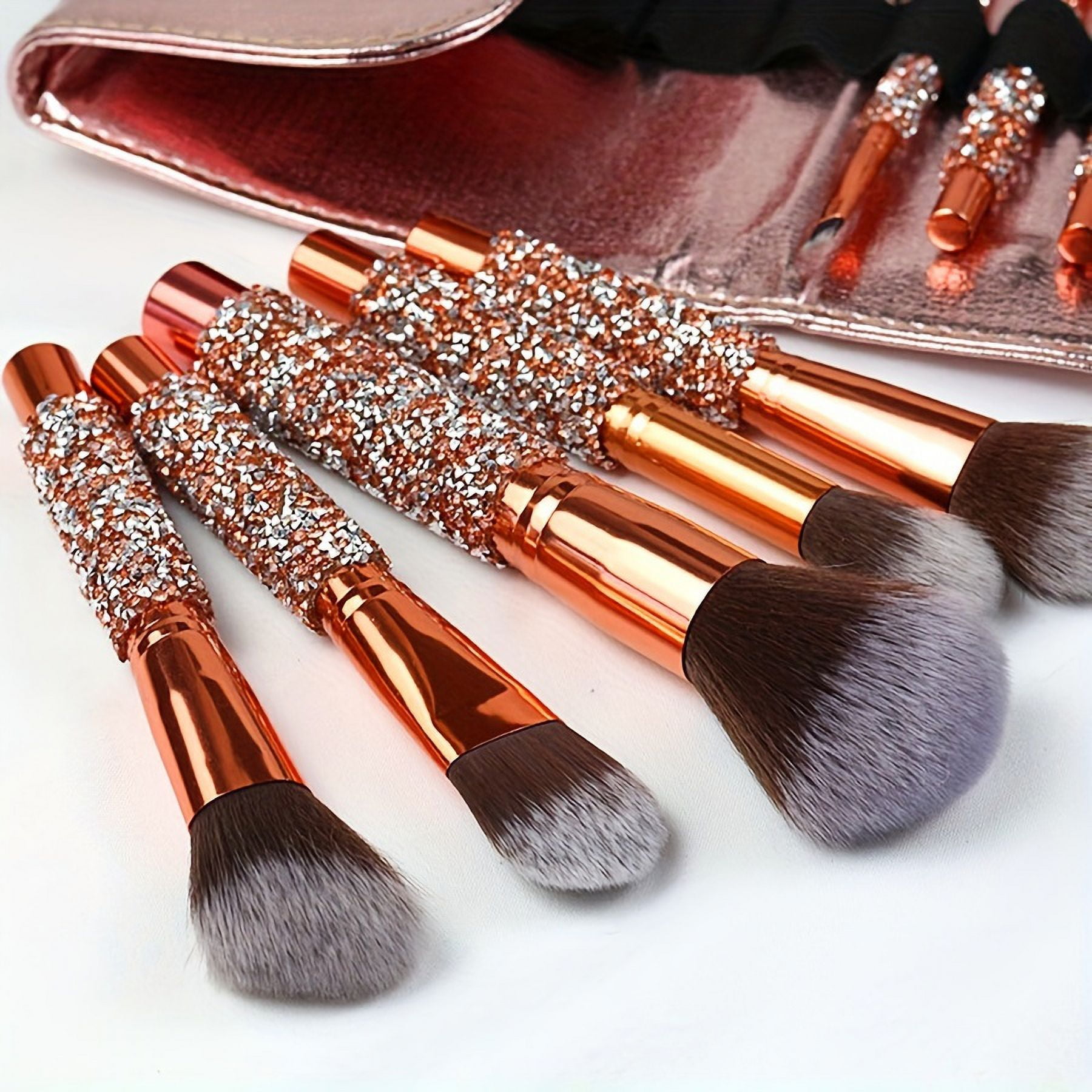 14-piece set (10 makeup brushes + 1 brush bag + 3 powder puffs) High-end gold-plated rhinestone-encrusted handmade makeup brushes / Suitable for beginners / Applicable to all makeup looks