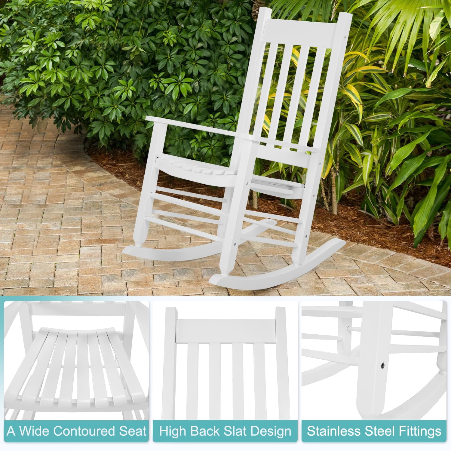 NiamVelo Outdoor Solid Hardwood Porch Rocking Chair 243 lbs Capacity for Home Garden, White