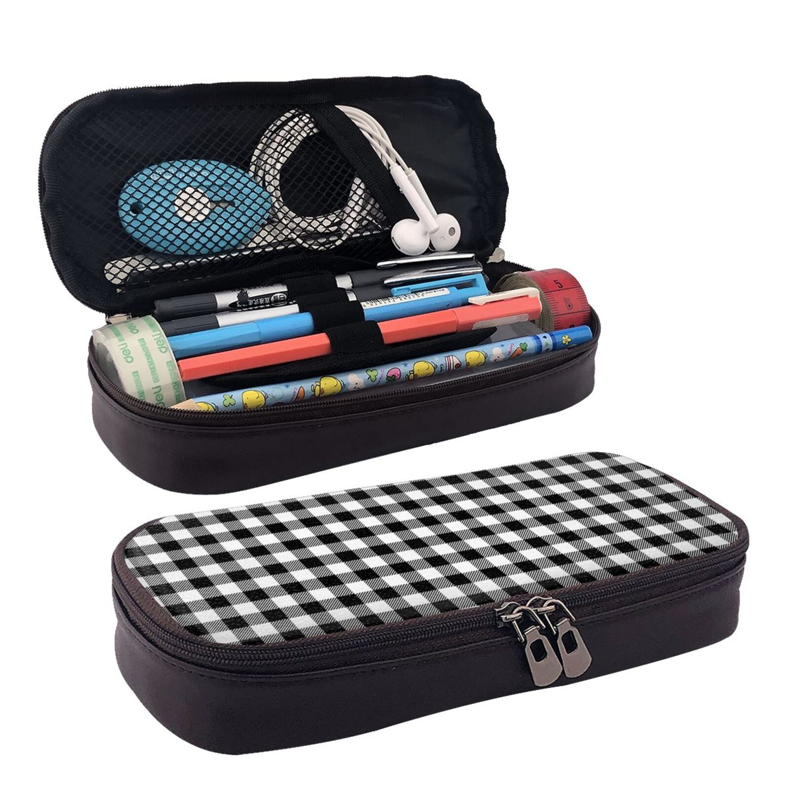 Black And White Buffalo Plaid Pencil Case Large Capacity Leather Pencil