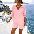 thumbnail image 5 of Cagogo Women Plus Size 2 Piece Shorts Set V Neck Long Sleeve Jacket Casual Lounge Matching Set Loose Solid Vacation Cruise Outfits Airport Travel Clothes, Pink M, 5 of 6