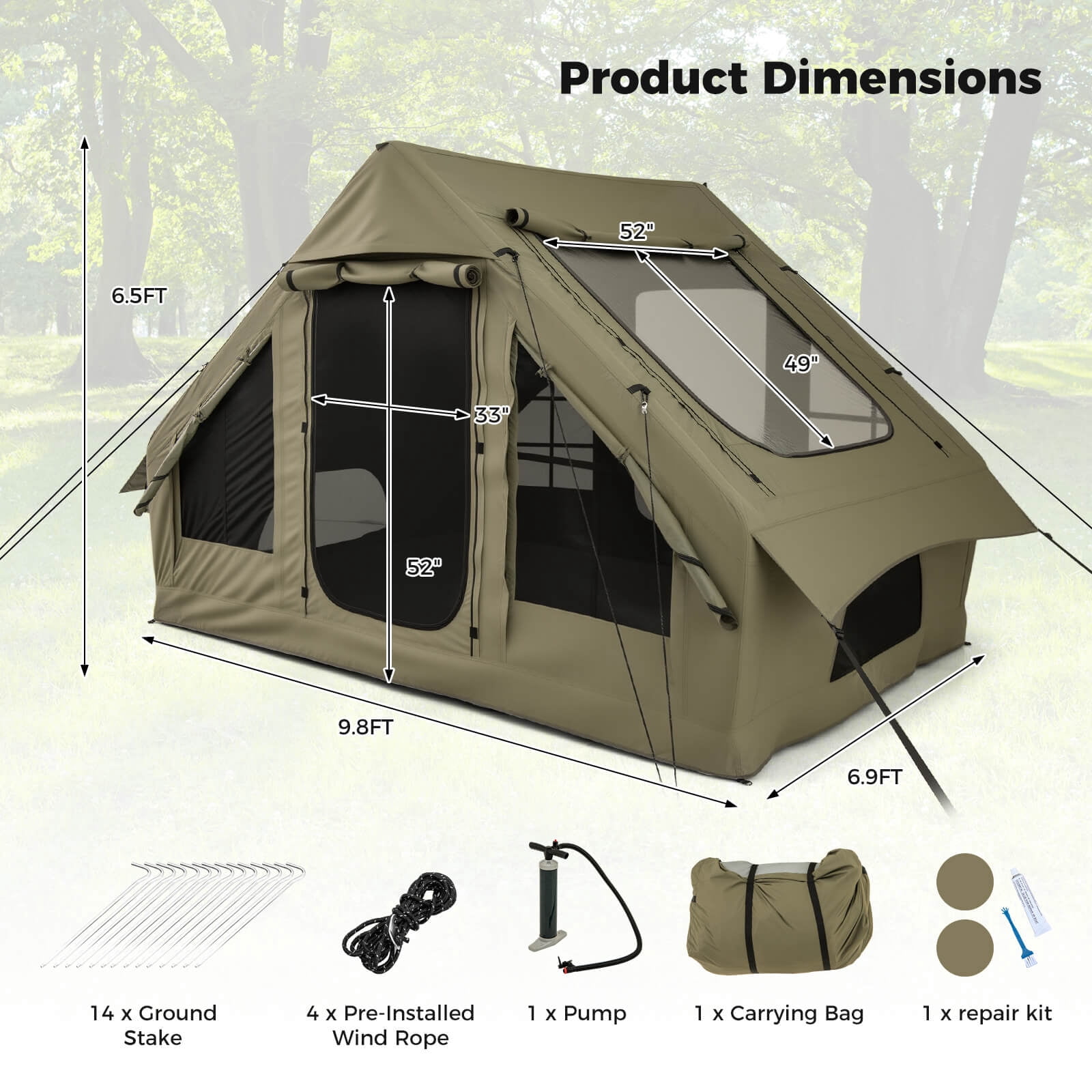 Costway 4-6 People Inflatable Tent with 4 Mesh Screen Windows 2 Doors Skylight Carrying Bag Green