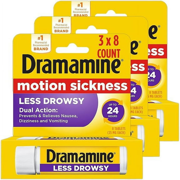 Dramamine All Day Less Drowsy Motion Sickness Relief | 8 tablets | pack of 3 |Packaging may vary
